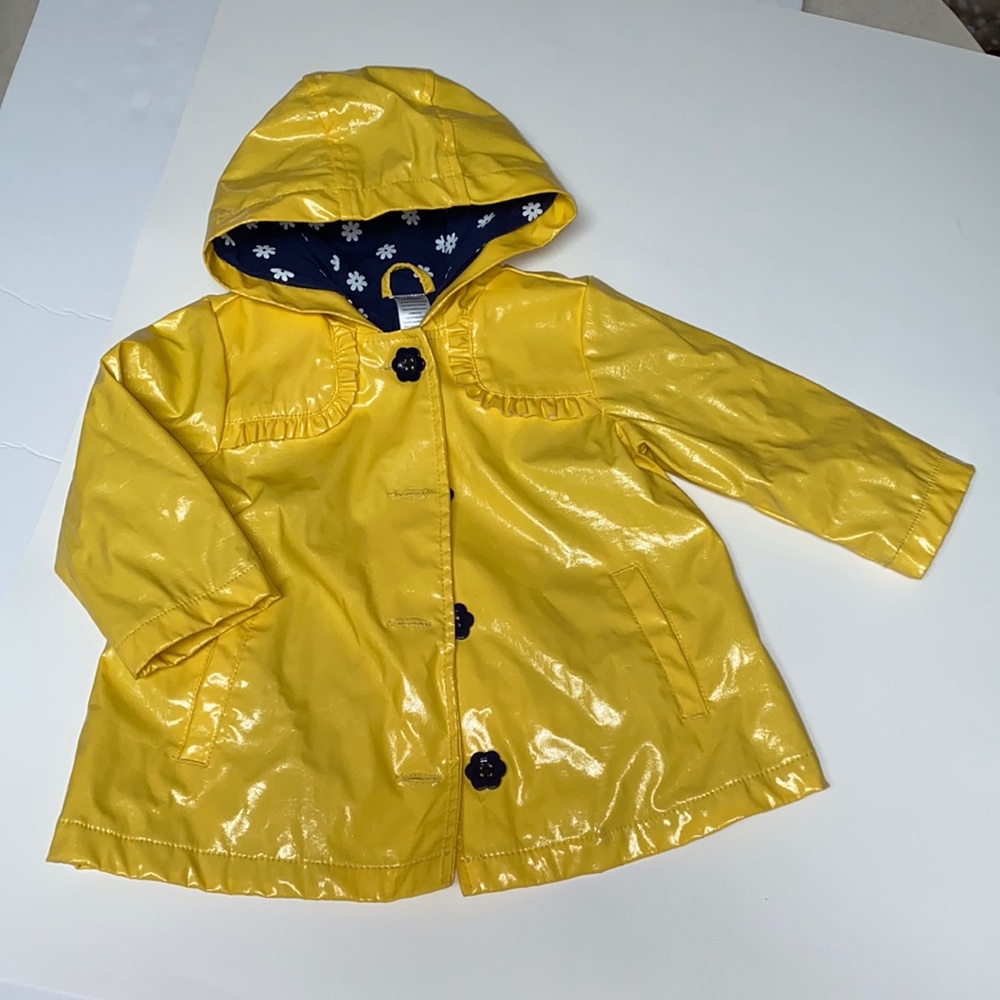 12M yellow hooded raincoat blue and white daisy lining, blue daisy buttons